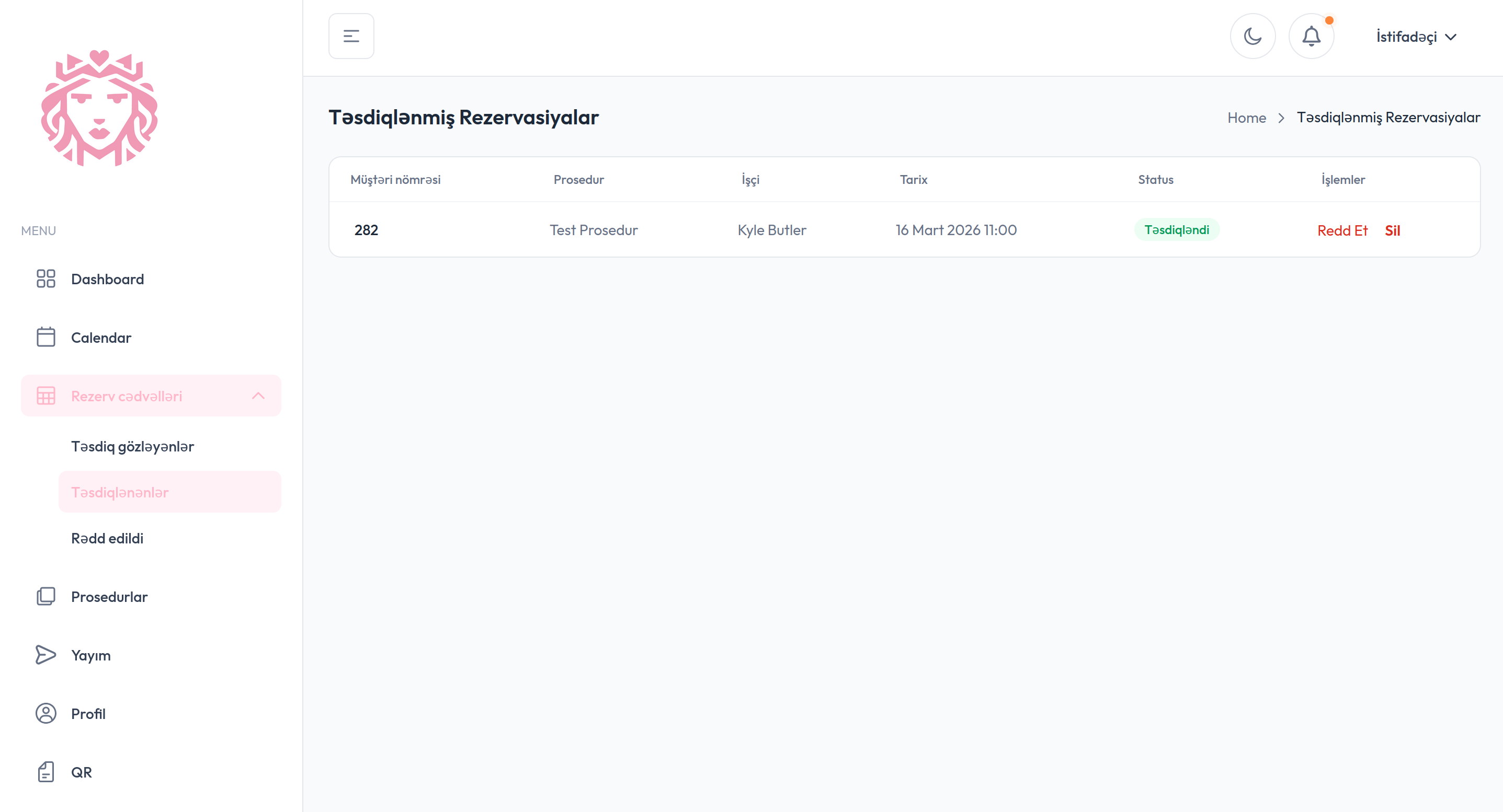 Təsdiqlənmiş rezervasiyalar cədvəli